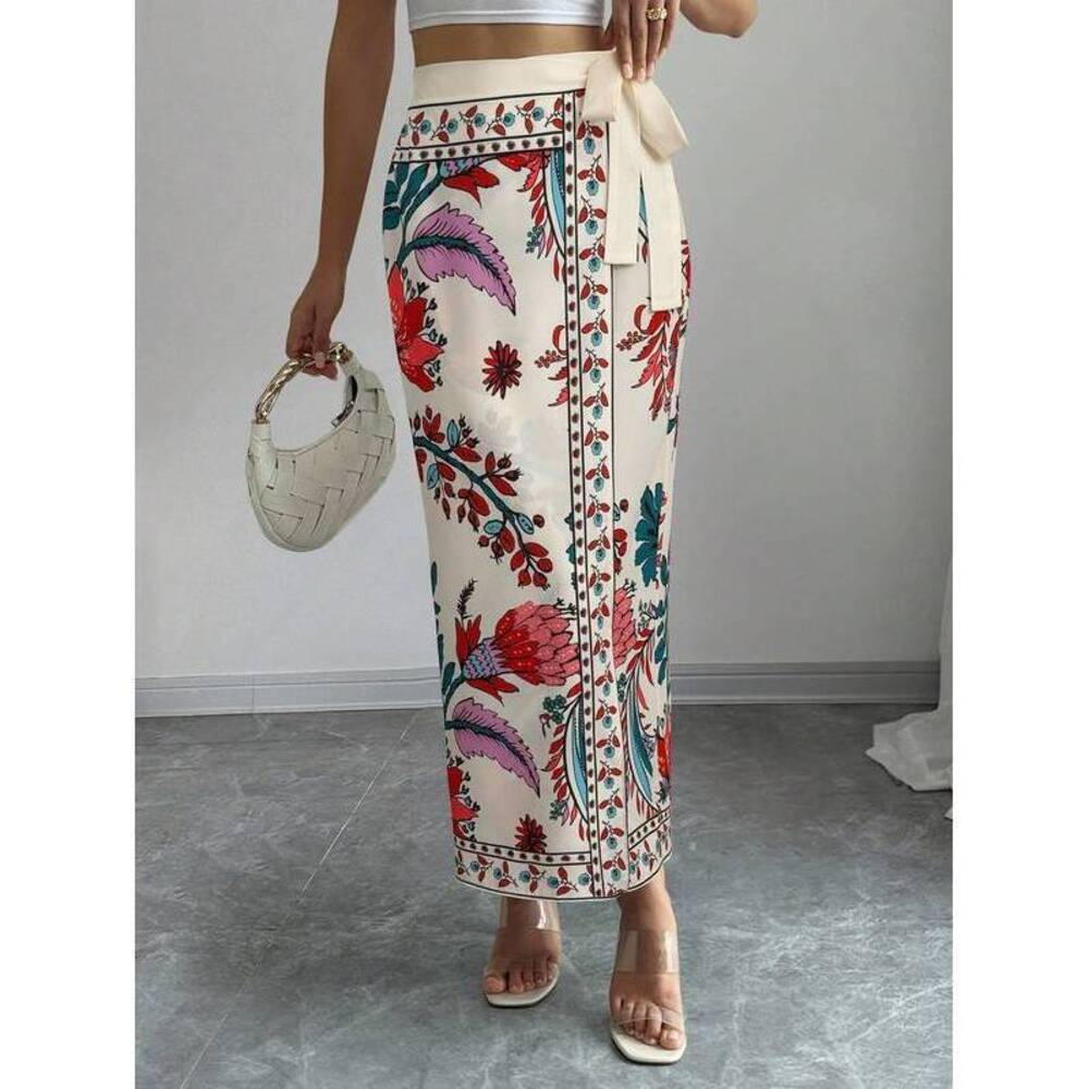 Elenzga Women's Summer Vacation Floral Print Wrap Tie Waist Skirt - Picture 4 of 4